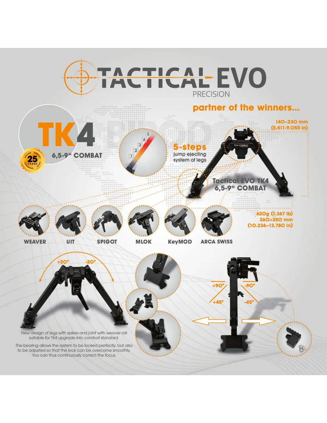 Taktisk bipod Combat TK4 6,5-9"